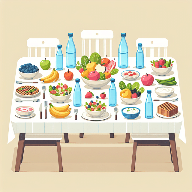 healthy foods and water on a dining table